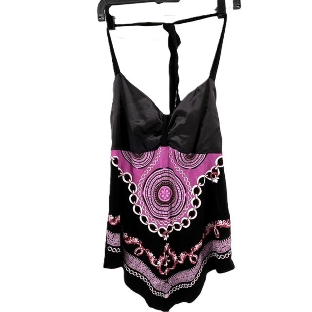 Venus Womens Black Purple Scarf Print Halter Top Satin Trim Open Back Size L